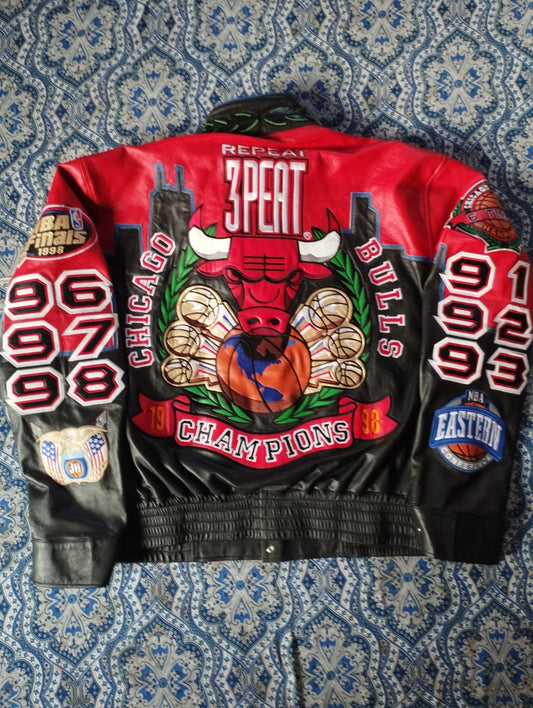 Chicago bulls 3 peat repeat leather jacket 1998 Jeff Hamilton vintage Chicago