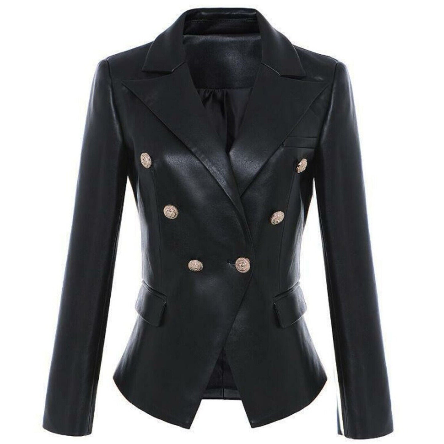 Women's Handmade Double Breasted Leather Coat Stylish Gold Buttons Casual Jacket