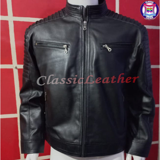 Real Mens Leather Quilted Jacket Shoulder Padded Clubwear Casual Motorcycle Coat