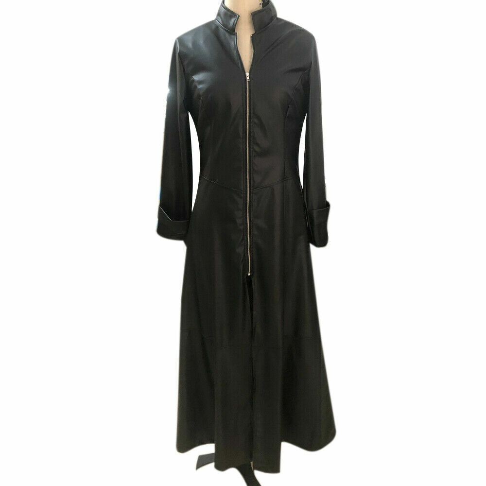 Women loose Trench Coat Leather long parka Black Real leather overcoat Jacket