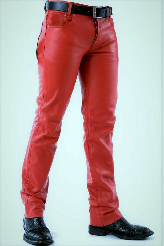 Mens Red Leather Pants jeans Biker style Pant Real leather motorcycle trouser