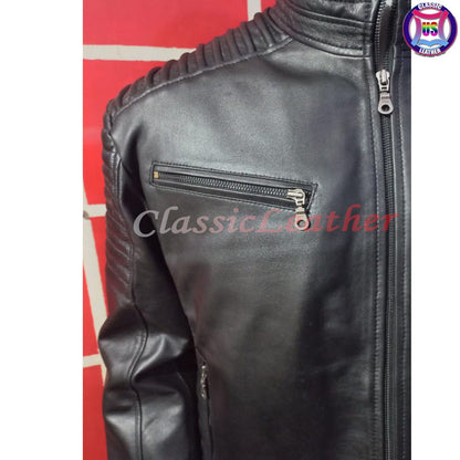 Real Mens Leather Quilted Jacket Shoulder Padded Clubwear Casual Motorcycle Coat