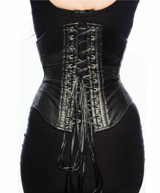 Real Leather Waist Cincher Steel Boned Under bust Women Corset leather bustier