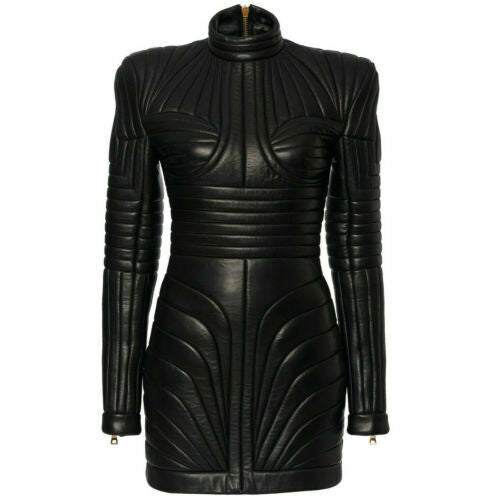 Women Leather Catsuit Bodysuit Gothic Top trending Black leather Quilted jacket