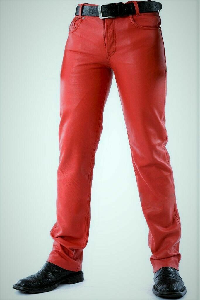 Mens Red Leather Pants jeans Biker style Pant Real leather motorcycle trouser