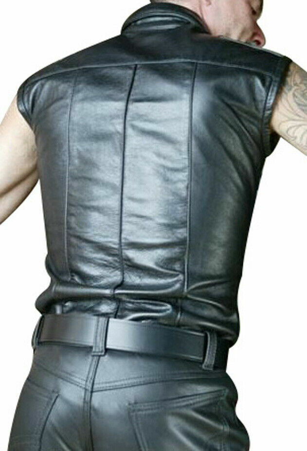 Real Leather Mens Police Shirt Sleeveless Jacket Leather vest BLUF Uniform Shirt