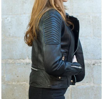 Women Genuine Leather Jacket Motorcycle Black Slim Fit Biker Jacket