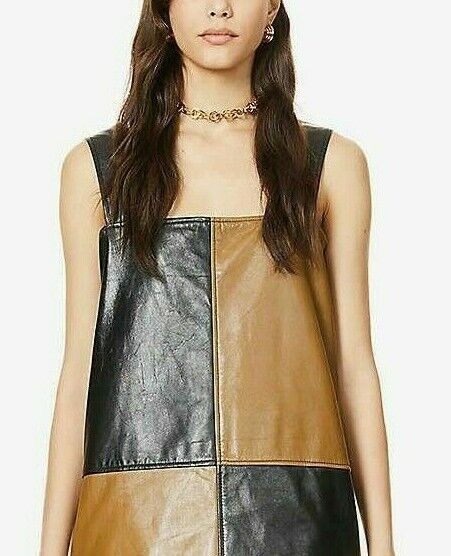 Womens Genuine lamb Leather minidress Checked color-block Square Neck wide Strap