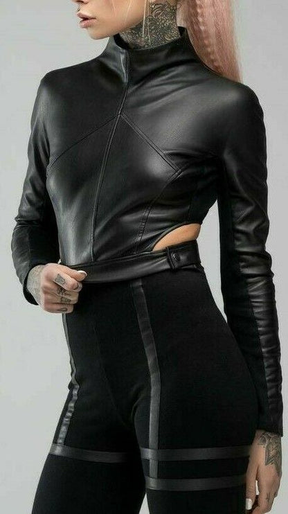 Women Black Crop Top Biker Leather Turtle Neck tank top Gothic Bolero Black top