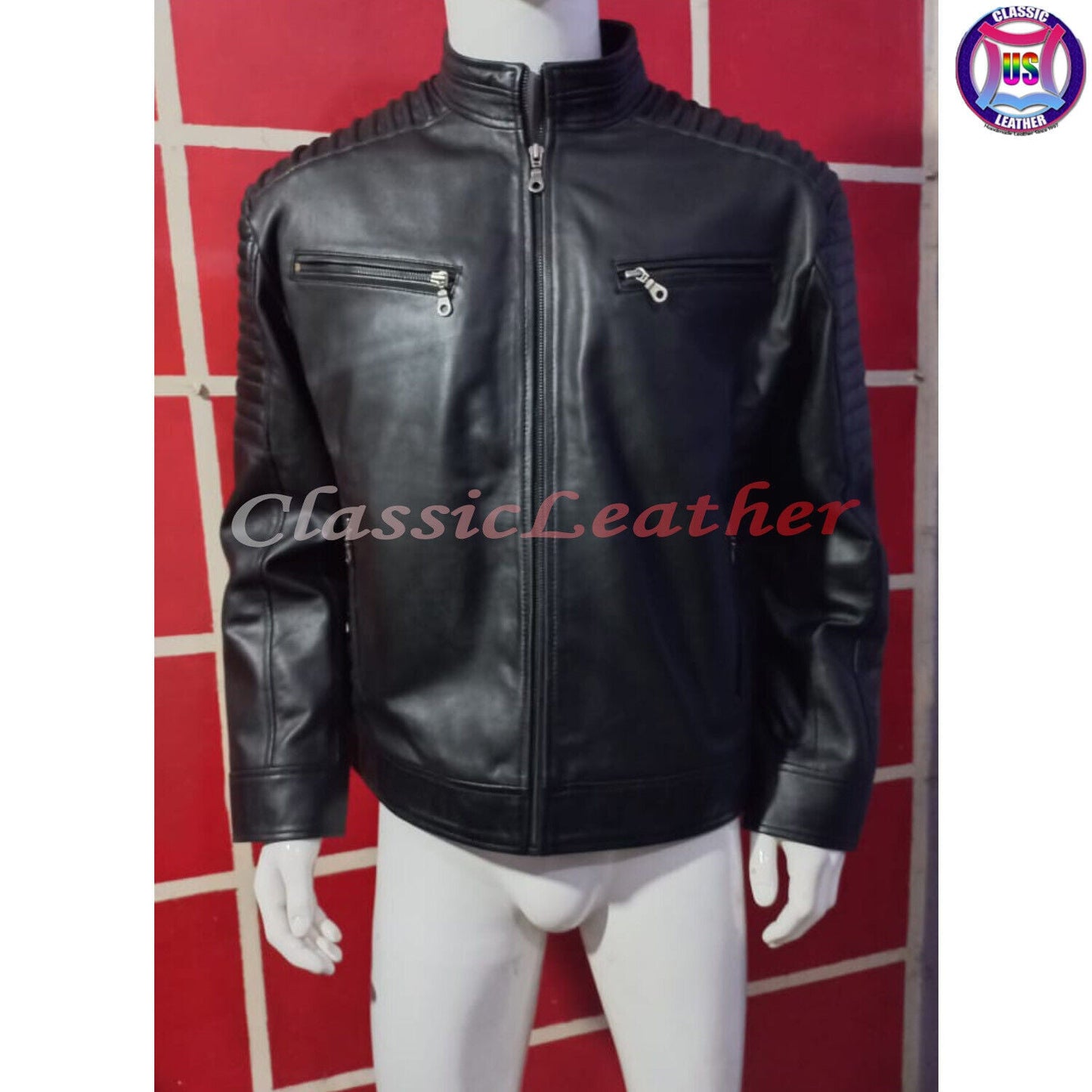 Real Mens Leather Quilted Jacket Shoulder Padded Clubwear Casual Motorcycle Coat