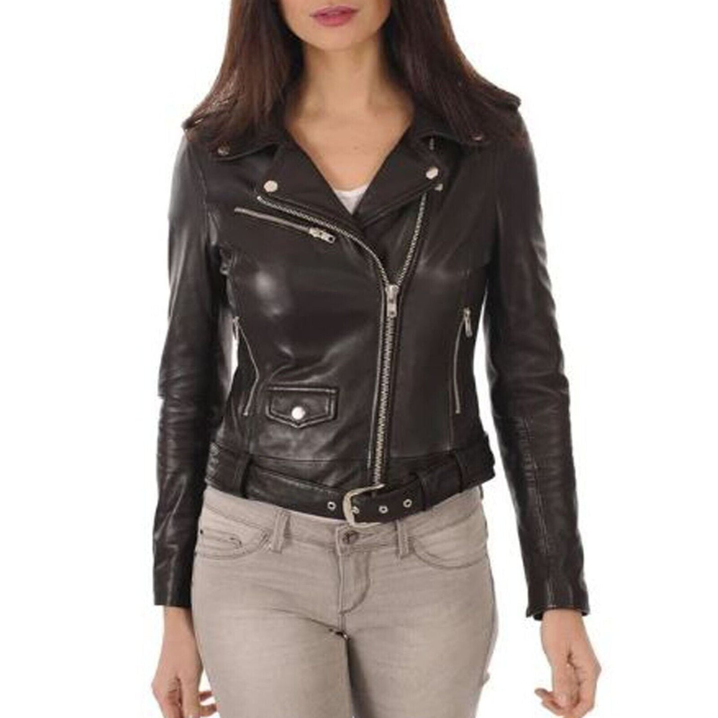 Women Real Leather Jacket Motorcycle Fitted Slim Biker Crop Jacket