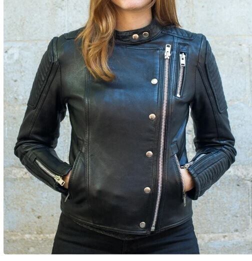 Women Genuine Leather Jacket Motorcycle Black Slim Fit Biker Jacket