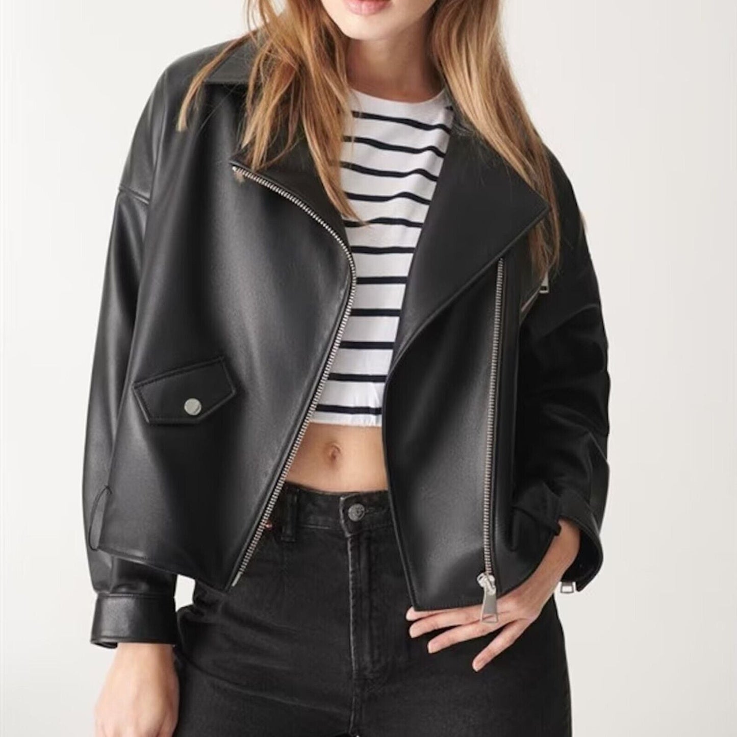 Women Real Genuine Leather Jacket Motorcycle Black Slim Crop Biker Jacket