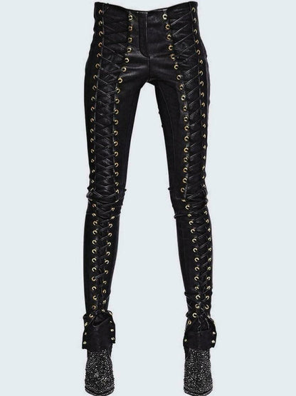 Women skinny leather pants gothic Biker women Motorcycle pants Laceup sexy pants