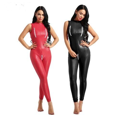 Women Leather Bodysuit Catsuit Cosplay sexy Jumpsuit Leather Black Gothic dress