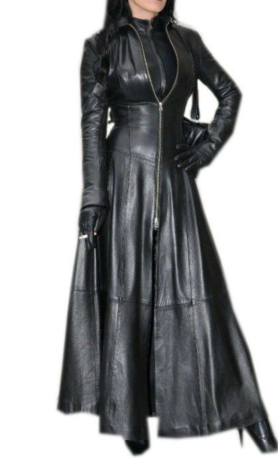 Women Leather bodysuits casual Black outfit Zipper Trench coat Mistress costume