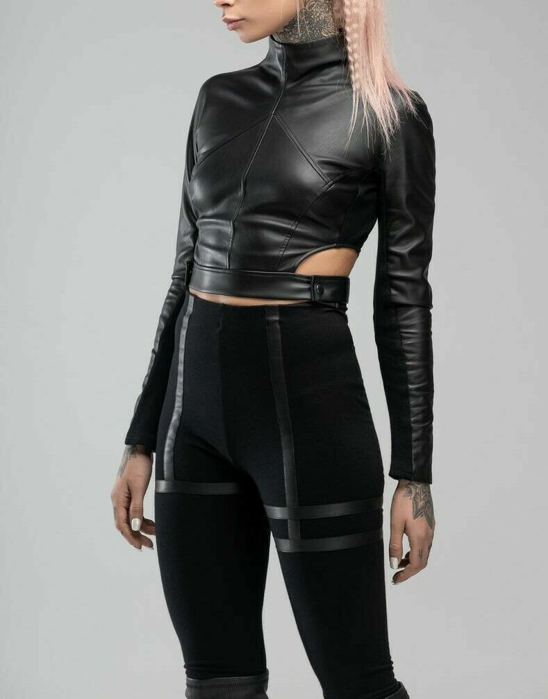 Women Black Crop Top Biker Leather Turtle Neck tank top Gothic Bolero Black top