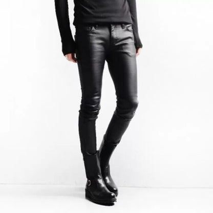 Mens street style black leather motorcycle pant Biker cafe racer skinny pants