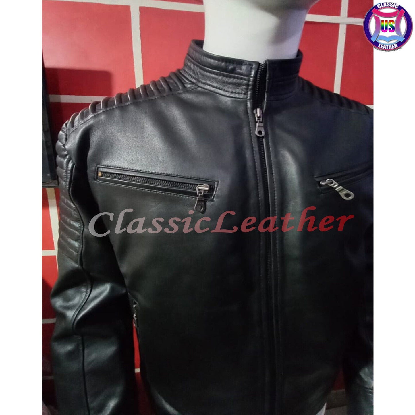 Real Mens Leather Quilted Jacket Shoulder Padded Clubwear Casual Motorcycle Coat