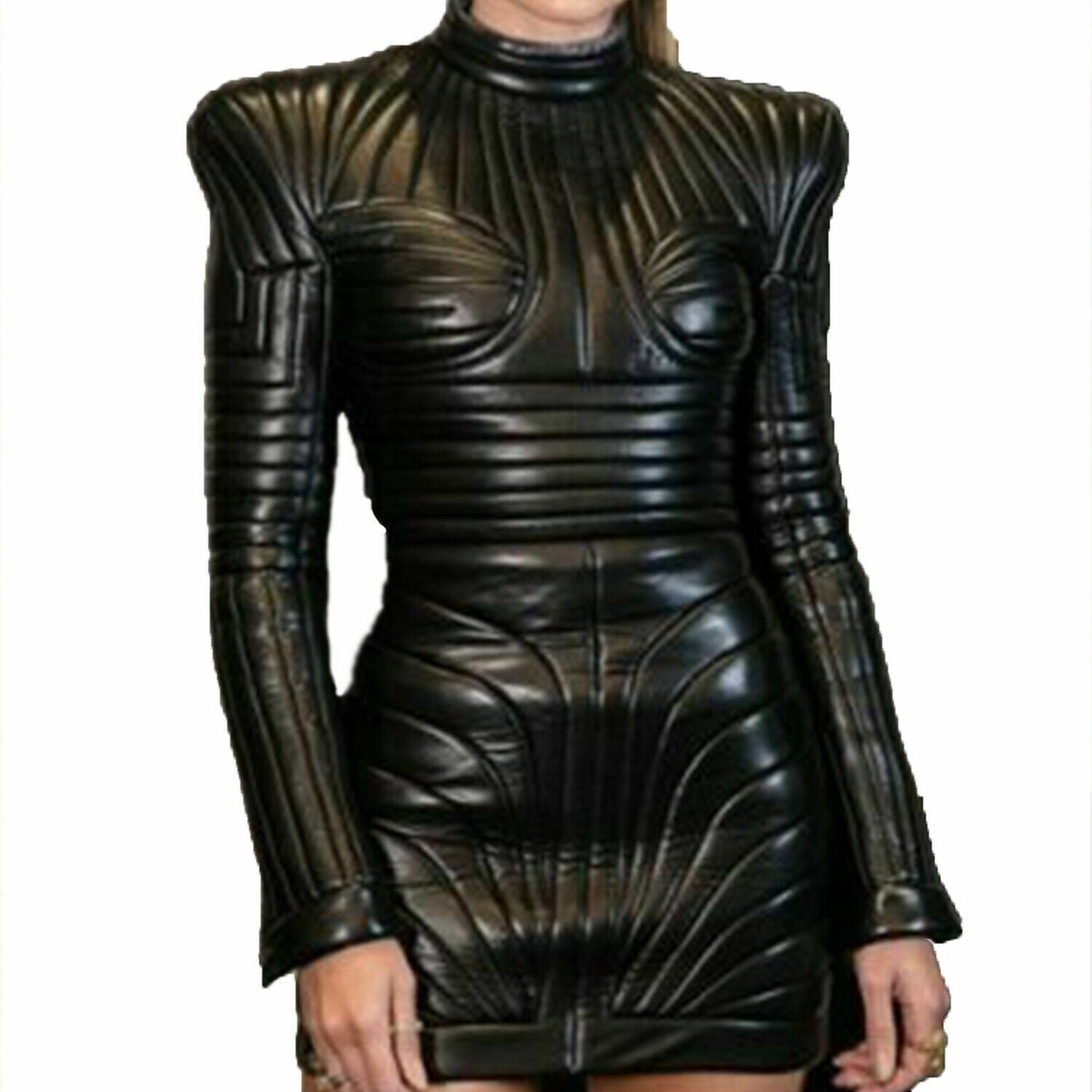 Women Leather Catsuit Bodysuit Gothic Top trending Black leather Quilted jacket