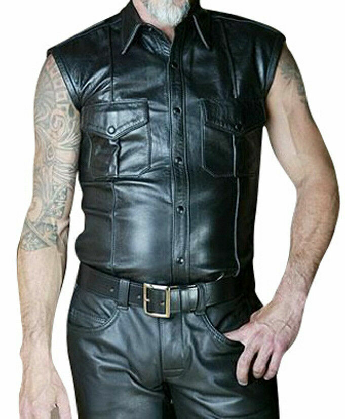 Real Leather Mens Police Shirt Sleeveless Jacket Leather vest BLUF Uniform Shirt