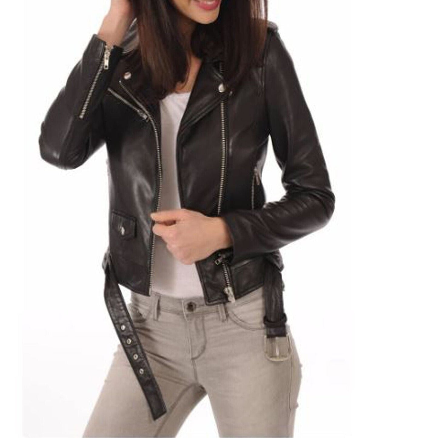 Women Real Leather Jacket Motorcycle Fitted Slim Biker Crop Jacket