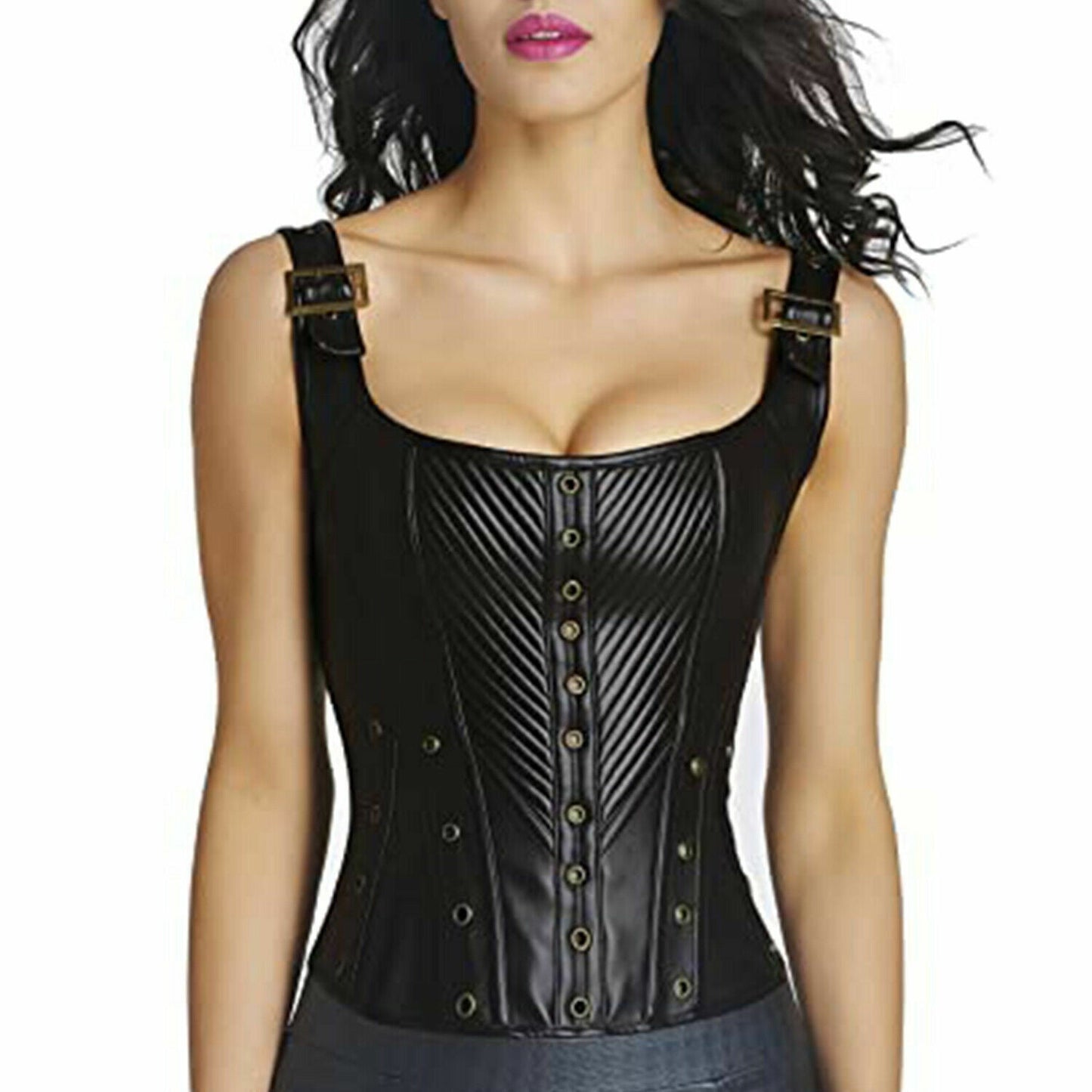 Women Leather bustier Halter Neck Steampunk Vest Black Leather Top Laceup Corset