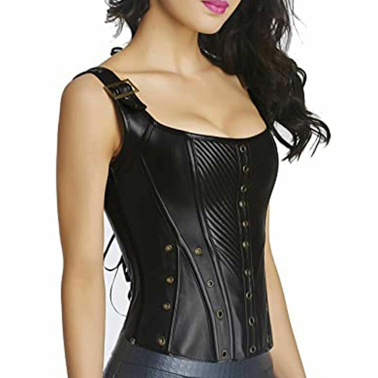 Women Leather bustier Halter Neck Steampunk Vest Black Leather Top Laceup Corset