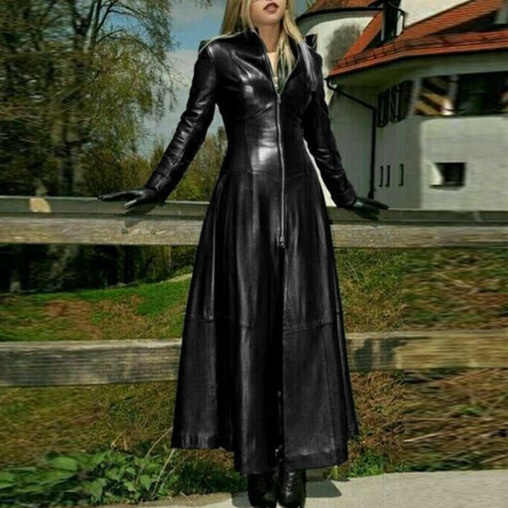 Women loose Trench Coat Leather long parka Black Real leather overcoat Jacket