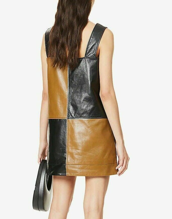 Womens Genuine lamb Leather minidress Checked color-block Square Neck wide Strap