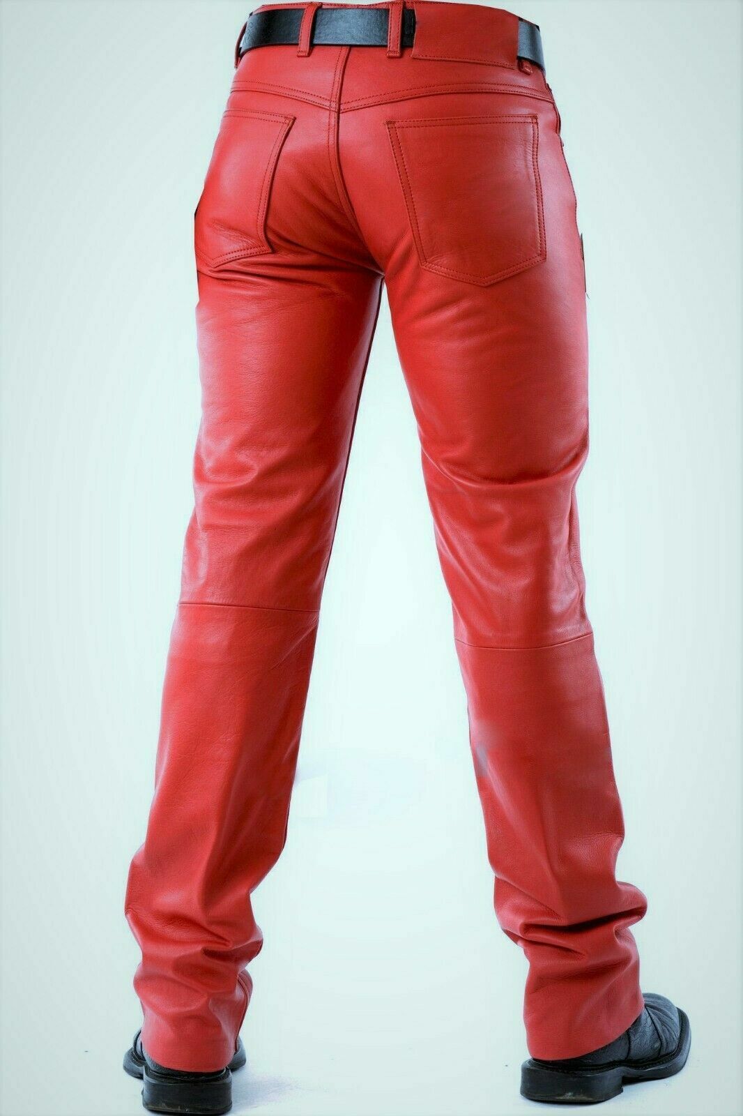 Mens Red Leather Pants jeans Biker style Pant Real leather motorcycle trouser