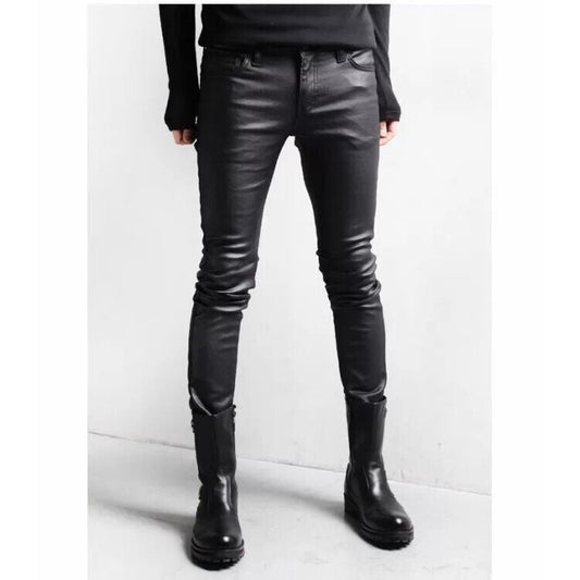 Mens street style black leather motorcycle pant Biker cafe racer skinny pants