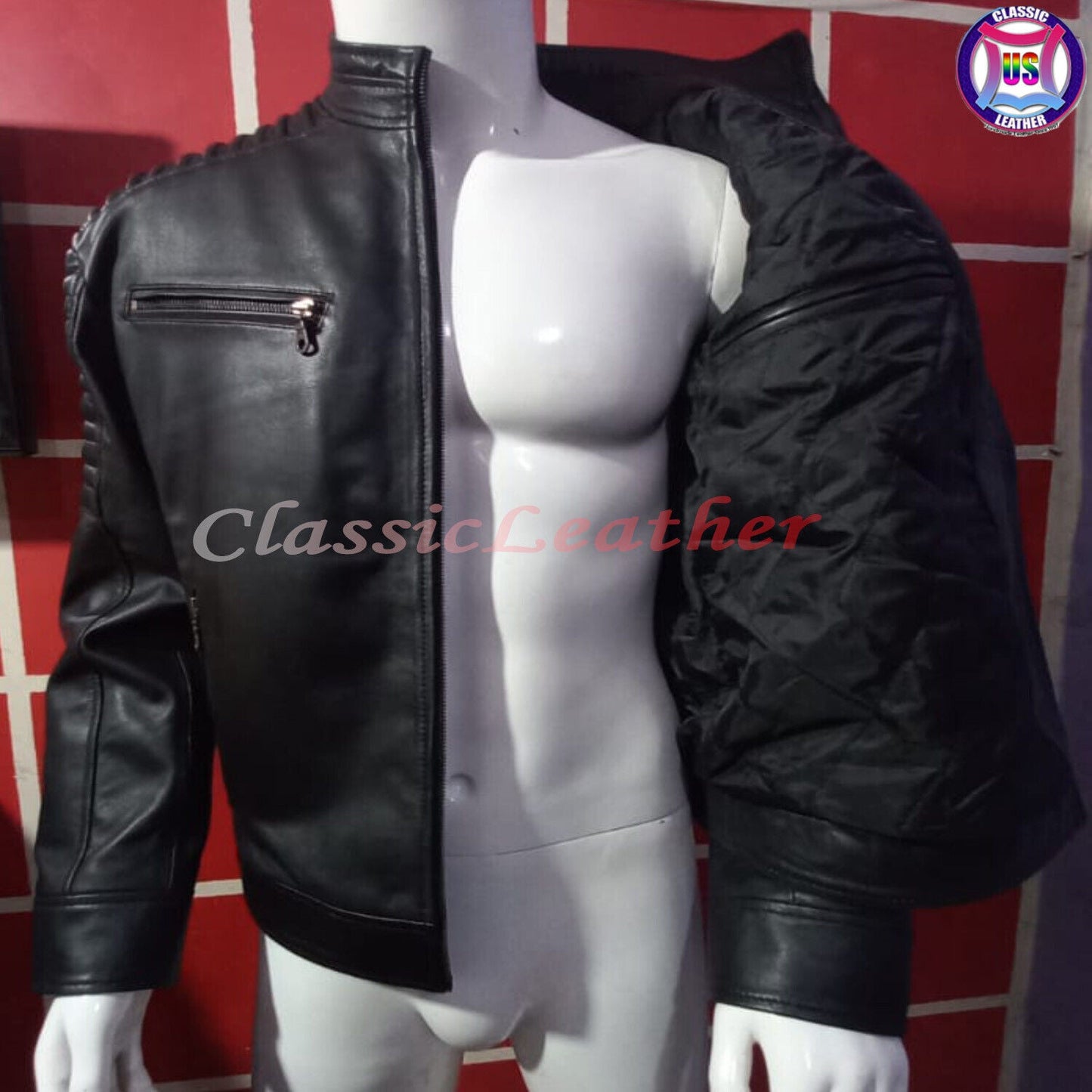 Real Mens Leather Quilted Jacket Shoulder Padded Clubwear Casual Motorcycle Coat