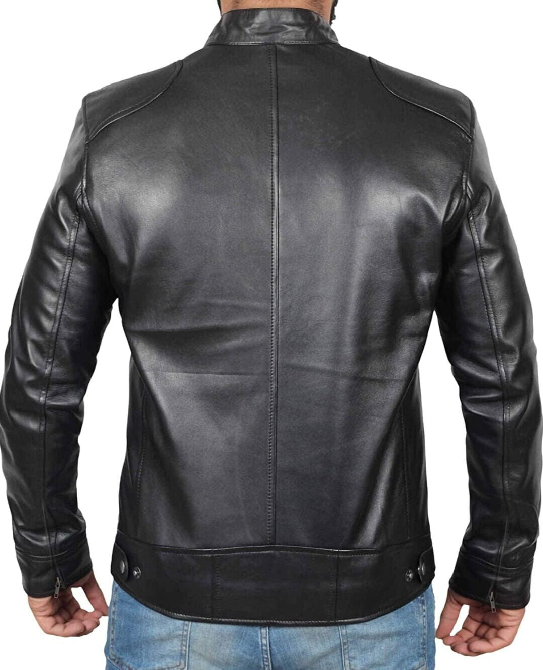 Real PlanCow Leather Jacket Black Vintage Cafe Racer Handmade Biker Jacket For M