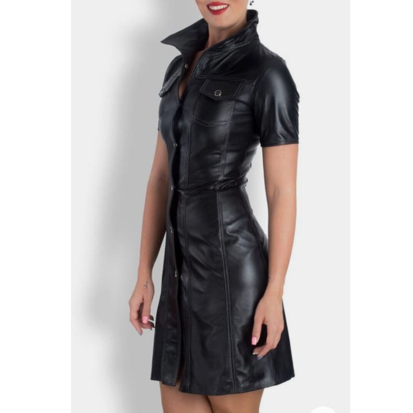 Women Black Leather Bodycon Casual Outdoor Collared Outfit Slim Fitted Dress Top