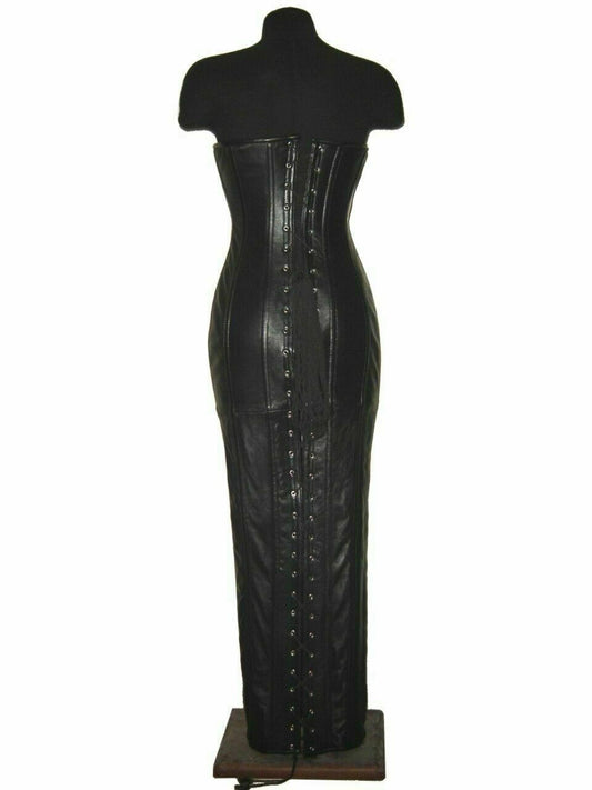 Women's Leather Corset Black Laceup waist binder Mistress Bodycon hobble dress S