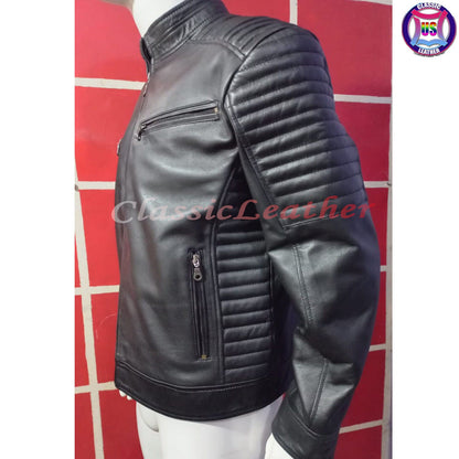 Real Mens Leather Quilted Jacket Shoulder Padded Clubwear Casual Motorcycle Coat