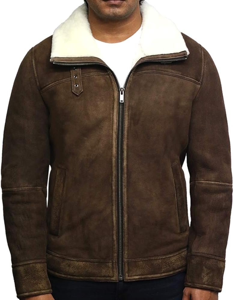 Mens Real Sherling Sheepskin Suede Jacket Brown Tan Vintage Zip Flying Pilot WW2