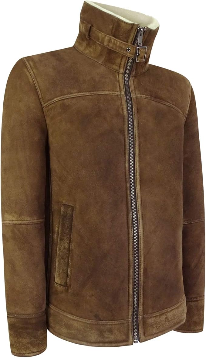 Mens Real Sherling Sheepskin Suede Jacket Brown Tan Vintage Zip Flying Pilot WW2