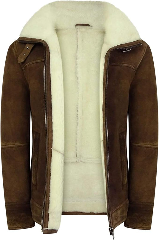 Mens Real Sherling Sheepskin Suede Jacket Brown Tan Vintage Zip Flying Pilot WW2