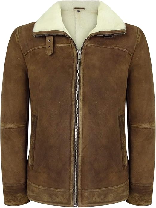 Mens Real Sherling Sheepskin Suede Jacket Brown Tan Vintage Zip Flying Pilot WW2