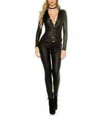 REAL LEATHER CATSUIT BODYSUIT BLACK JUMPSUIT FETISH PANTYHOSE BODYCON PLAYSUIT